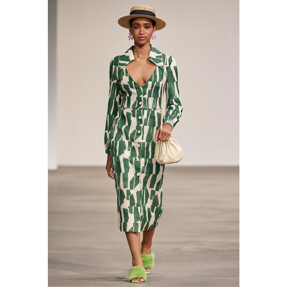 Badgley Mischka sz 0 Long Sleeve Geometric Emerald Coat Dress $500 Runway Print